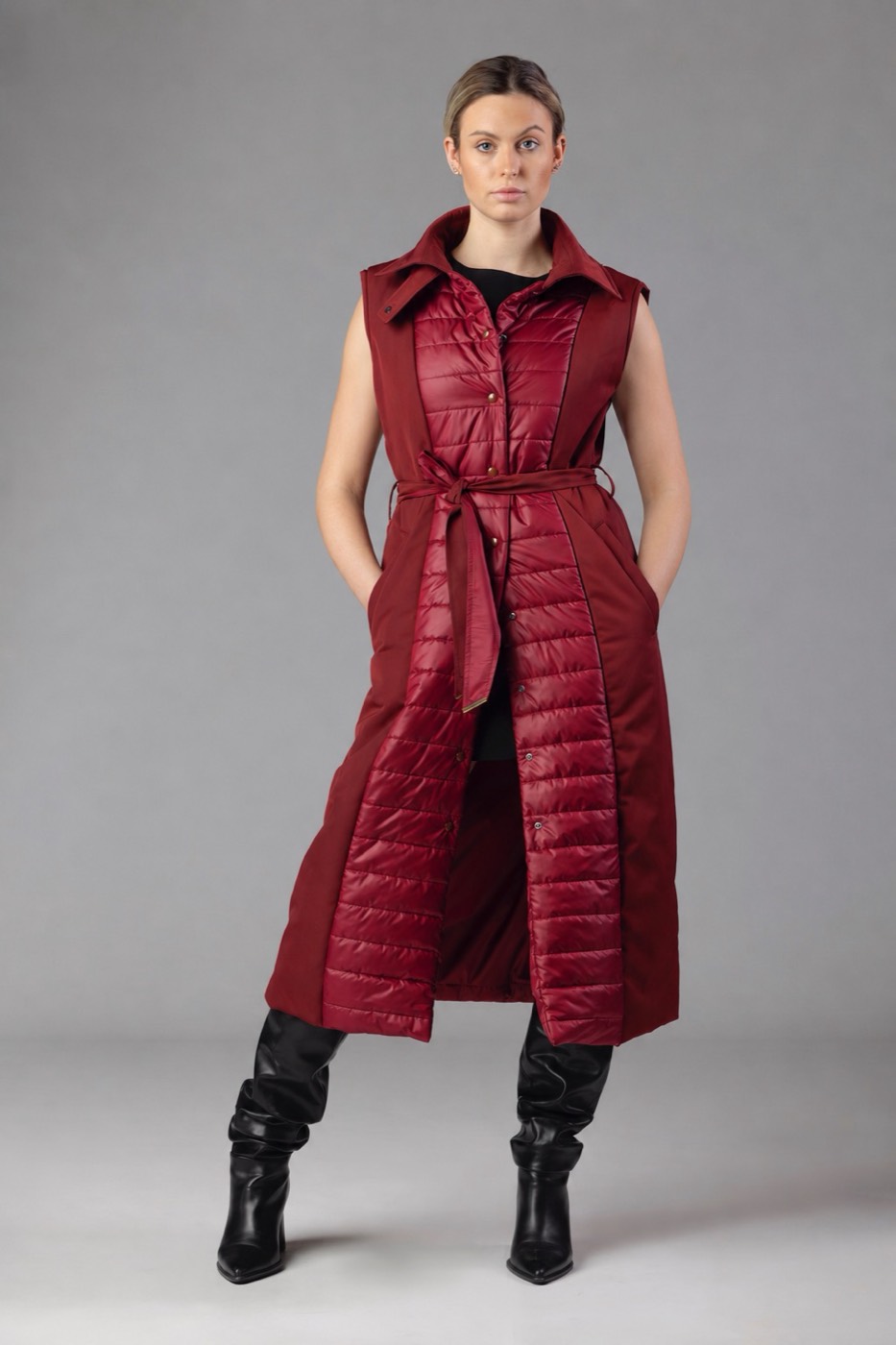 Modular Trench Configurazione 6 — Long-vest bicolore centrale trapuntato + laterali drill